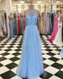 Delicate Light Sky Blue  Prom Dresses with Halter Beaded Tulle Ruffles Long Prom Gowns 2018 New